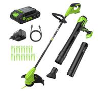 Greenworks 24V 25cm Cortasetos sin Cable/Bordeador y soplador de Hojas Brushless 270CFM Kit Combinado, batería de 2,0 Ah y Cargador incluidos - CKS022