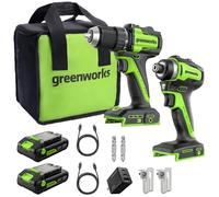 Greenworks 24V Cordless Brushless 45Nm Taladros atornilladores+220Nm Atornillador de impacto a batería Combo, alto par, ligero, (2) baterías USB-C de 2.0Ah y cargador rápido USB-C de 65W CK321