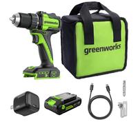 Greenworks 24V Cordless Brushless 45Nm Taladros atornilladores, Ligero, luz de trabajo led, embrague 18 + 1, batería USB-C de 2.0Ah (potencia de 12.000mAh), cargador USB-C de 30W DD345