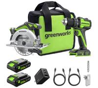 Greenworks 24V Cordless Brushless 45Nm Taladros atornilladores + Serra circular de 165 cm, 4.800 RPM, profundidad de corte 45 ° / 90 ° (2) Baterías USB-C de 2.0Ah y cargador rápido USB-C de 65W CK322