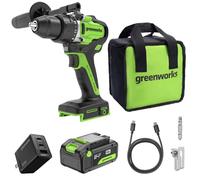 Greenworks 24V Cordless Brushless 90Nm Taladros atornilladores, Grado profesional, embrague 21, batería USB-C de 4.0Ah, cargador rápido USB-C de 65W (3 puertos) y cable USB C a USB C DD590