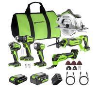 GREENWORKS 24V Kit 6 herramientas inalámbricas (taladro atornillador, destornillador de impacto, sierra circular, sierra sable, herramienta multifunción, lámpara), baterías 4,0Ah + 2,0Ah (powerbank
