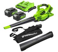 Greenworks 48V(24Vx2)Soplador Aspirador de Hojas a Batería, Correa paraHombro, Motor sin Escobillas,322km/h, 9m³/min, Bolsa Recogedora 45L, Dos 24V 4Ah Baterías y Cargador, GD24X2BVK4X