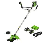 Greenworks 48V (2x24V) Desbrozadora a Batería, Motor sin Escobillas, Arnés, Mango de Bicicleta, Ancho Corte 38 cm, Hilo Nylon 2 mm, Cuchilla 25 cm, Dos Baterías 24V 4Ah y Cargador GD24X2BCBK4x