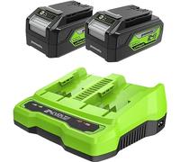 Greenworks Baterías y Cargador Doble 24V - Dos Baterías Recargables de 4Ah y Cargador Doble, Para Dispositivos Greenworks de 24V, Salida 48W y Corriente 4A, Carga Completa en 60 min - G24B4 & G24X2C
