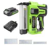Greenworks Clavadora inalámbrica de 24 V (100 disparos/min, longitud máxima de 50 mm, ajuste de profundidad, disparo individual/serie, incluye 500 clavos, con batería de 2 Ah y cargador)