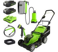 Greenworks Cortacésped de Batería , Ancho de Corte 41 cm, MÁS Dos Baterías de 24V 2Ah y Cargador + Greenworks G24SWP Bomba de Agua Sumergible Inalámbrica, SIN Batería y Cargador, Garantía de 3 Años