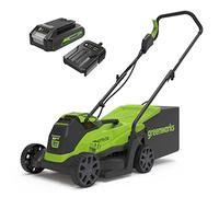 Greenworks Cortacésped de batería GD24LM33K2 (Li-Ion 24V 33cm ancho corte hasta 280m² 30L recogedor de hierba 5 veces ajuste altura corte central 25-75mm Incluye batería de 2Ah y cargador)