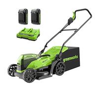 Greenworks Cortacésped sin cable (Dos Baterías de 2 x 24V 36cm anchura hasta 200m² 40L recogedor de hierba 5 regulaciones altura de corte con batería de 2x2Ah y cargador de doble ranura)