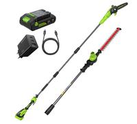 Greenworks Cortasetos + sierra telescópica 2-en-1 24V con batería 4,0Ah & cargador USB-C 65W, motor brushless, hoja 51 cm, sierra 20 cm, cabeza giratoria 112,5°, pértiga 3 piezas CKPH321A2