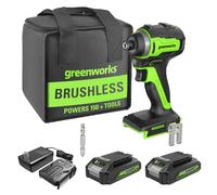 Greenworks Destornillador de impacto inalámbrico de 24 V sin escobillas de 1/4 pulgadas, (2) baterías de 2.0 Ah, cargador compacto y bolsa incluida