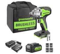 Greenworks GD24IW400K4 - Atornillador de impacto con batería con motor sin escobillas, 0-2800 rpm, 0-4000 ipm, par de torsión de 400 Nm, adaptador de cuatro canales de 1/2", batería y cargador de 24 V