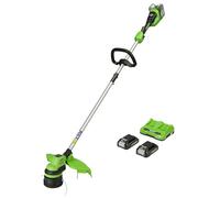 Greenworks GD24X2LT Recortadora de hilo con batería, Li-Ion 2x 24V ancho de corte 33cm 6200rpm diám. hilo 2mm alimentación automática flowerguard modo Hi/Low con 2 baterías 2Ah y cargador doble