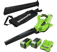 Greenworks GD40BVK2X Soplador Aspirador de Hojas a Batería con Motor sin Escobillas, 280 km/h, 9,63 m³/min, Bolsa Recogedora de 45L, Dos de las Baterías de 40V 2Ah y Cargador, Garantía de 3 Años
