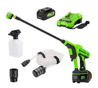 Greenworks Hidrolimpiadora a batería G24PWK4 (Motor Iones de Litio de 24V y 300 W Potencia, presión 24 Bar y caudal 180 l/h, Boquilla 5 Pliegues y Manguera 6 m Incluye batería de 4 Ah y Cargador)