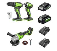 Greenworks Juego de 3 herramientas de batería de 24 V, compuesto por atornillador inalámbrico (35 Nm), atornillador de impacto inalámbrico (220 Nm), amoladora angular inalámbrica (125 cm), 2 baterías
