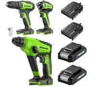 Greenworks Juego de 3 herramientas de batería de 24 V, compuesto por atornillador inalámbrico (35 Nm), atornillador de impacto inalámbrico (220 Nm), martillo perforador inalámbrico de 1,2 J, 2