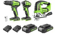 Greenworks Juego de 3 herramientas de batería de 24 V, compuesto por atornillador inalámbrico (35 Nm), atornillador de impacto inalámbrico (220 Nm), sierra de calar con batería, 2 baterías y un
