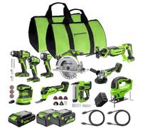 Greenworks Juego de herramientas eléctricas sin escobillas de 24 V, 10 piezas, taladro, destornillador de impacto, sierra circular, sierra de receta, amoladora, luz, multiherramienta, máquina de uñas