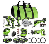GREENWORKS Kit de herramientas inalámbricas de 24 V de 8 piezas: taladro, destornillador de impacto, sierra circular, sierra alternante, sierra de calar, multiherramienta, lijadora, lámpara; 4.0Ah + 2