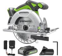 Greenworks - Kit de sierra circular de 24 V sin escobillas de 6-1/2 pulgadas, 4.800 RPM, profundidad de corte ajustable de 45°/90°, con batería de 24 V y 2 Ah y cargador