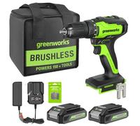 Greenworks Kit de taladro inalámbrico sin escobillas de 24 V, 310 pulgadas/libras, embrague de 18+1 posición, portabrocas sin llave de 1/2 pulgada, velocidad variable, (2) baterías de 2 Ah con