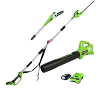 Greenworks Podadora y cortasetos inalámbricos 2en1 G24PSHK2 (Li-Ion 24V incluye batería de 2Ah y cargador)+ Axial soplador de hojas alimentado por batería G24AB (Li-Ion 24Vsin batería y cargador)