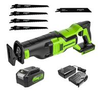 Greenworks - Sierra alternante inalámbrica de 24 V sin escobillas (1-1/8 pulgadas) (2.7000 SPM), batería de 4.0 Ah y cargador compacto incluido