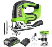 Greenworks Sierra de calar con batería de 24 V y fresadora inalámbrica, altura de elevación de 26 mm, sin escobillas, incluye batería de 2 Ah y cargador