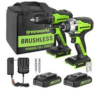 Greenworks Taladro/controlador de 24 V sin escobillas de 1/2 pulgadas y juego combinado de llave de impacto de 1/4 pulgadas, 2 baterías, cargador y bolsa