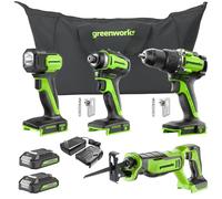 Greenworks Taladro inalámbrico de 24 V, destornillador de impacto, sierra alternante, linterna, kit combinado de 4 piezas con 2 baterías de 2 Ah y cargador