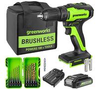 Greenworks Taladro inalámbrico de 24 V, motor sin escobillas, par de 35 Nm, incluye batería de 2Ah y cargador, juego de brocas y juego de brocas