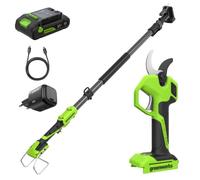 Greenworks Tijera Eléctrica 24V con Poste Telescópico 1,29-2,00 m, Motor Brushless, Cuchillas Acero, Apertura 22/32 mm, Pantalla LED, con Batería 2,0Ah & Cargador USB-C 30W LP24BLA1