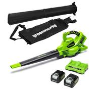 Greenworks 48V(2x24V)Soplador Aspirador de Hojas a Batería, Correa paraHombro, Motor sin Escobillas,322km/h, 9m³/min, Bolsa Recogedora 45L, Dos 24V 4Ah Baterías y Cargador, Garantía 3 Años GD24X2BVK4X