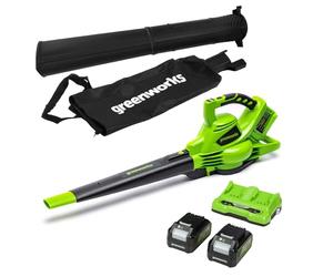 Greenworks Tools 2en1 aspirador y soplador de hojas inalámbrico GD24X2BVK4X, Li-Ion 2x24V 321km/h velocidad bolsa recolectora regulación velocidad motor sin escobillas incluye batería y cargador de 2x4Ah, verde, negro, gris