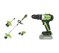 Greenworks Tools Recortadora de Hilo con Batería GD24X2TX, Li-Ion 24V Ancho de Corte 40 cm 5600 RPM diámetro + Taladro/Atornillador, Li-Ion 24V 60 NM Torque 1800 RPM 1/2 Pulgadas diámetro de Eje