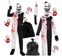 GreenYeah Disfraz de Payaso Adulto Halloween, Disfraz de Payaso Asesino con Capucha y Puñal, Guantes, Bolso Negro Grande, Traje Payaso Blanco y Negro, Disfrazs Terrifier para Carnaval (XL)