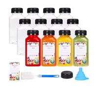 Greethga 12 de jugo de plástico de 8 onzas con tapas a prueba de manipulaciones, recipientes de jugo transparentes reutilizables con etiquetas, embudo y pincel