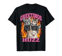 Greetings Huzz Funny Cat Meme Bootleg Graphic Y2K Camiseta