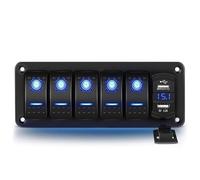 Greluma Panel de aluminio con 5 vías interruptor basculante,voltímetro y doble USB(4,2A),carga rápida,LED retroiluminado,precableado,IP65 resistente agua para uso marítimo,barco,coche y camión(azul)