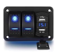 Greluma Panel de aluminio con interruptor basculante 2 vías,voltímetro y doble USB (4,2A),carga rápida,LED retroiluminado,precableado,IP65 re sistente al agua uso marítimo,barco,coche y camión (azul)