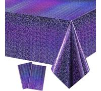 GRESATEK 2 manteles iridiscentes para fiestas, mantel de plástico holográfico morado para picnic al aire libre, cumpleaños, baby shower, boda, fiesta, decoración, 137 x 274 cm