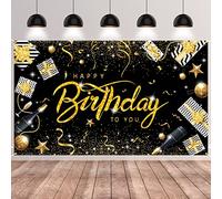 GRESATEK Fondo de Cumpleaños de Oro Negro, Happy Birthday Banner Conjunto de Photocall Decoraciones de Fiesta Aniversario Cartel de Feliz Cumpleaños para Niños y Hombres