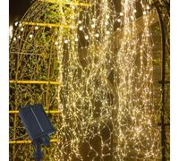 Gresonic Guirnalda de luces solares con 100 luces de alambre de cobre, para exteriores, cascada, impermeable, para regadera, habitación infantil, camping, balcón, exterior e interior, blanco cálido