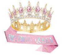 Grevosea Corona rosa para mujer, corona de reina de cumpleaños y banda con diamantes de imitación, coronas de cumpleaños, boda, novia, accesorios para el cabello para fiesta de princesa, accesorios