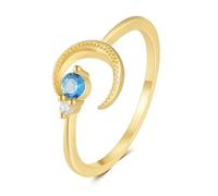 Grewod Anillo Compromiso Mujer Oro 9K, 3 MM Zafiro Redonda Azul con Moissanita, Anillo Abierto de Luna Ajustable, Joyas Piedra Bodas Tamaño 11
