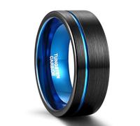 Grewod Anillo Matrimonio de Tungsteno para Hombre, Cepillado de Dos Tonos con Ranura Negro Azul 8mm Anillo Aniversario Tamaño 22