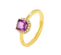Grewod Anillo Matrimonio Mujer Oro 9K, 5x5 MM Amatista Cuadrada Púrpura con Moissanita, Elegante Anillo Ajustable, Joyería Piedra Talla 8