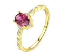 Grewod Anillo Mujer Oro Amarillo 9 Kilates, 5x7 MM Rubí Laboratorio Ovalada Rojo, Hoja Vintage, Joyería Piedra Anillo para Boda Talla 8