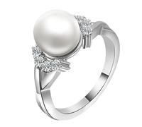 Grewod Anillo Mujer Oro Blanco 18K con Perla Redonda Talla 16, Joyas Anillo Compromiso Boda Matrimonio